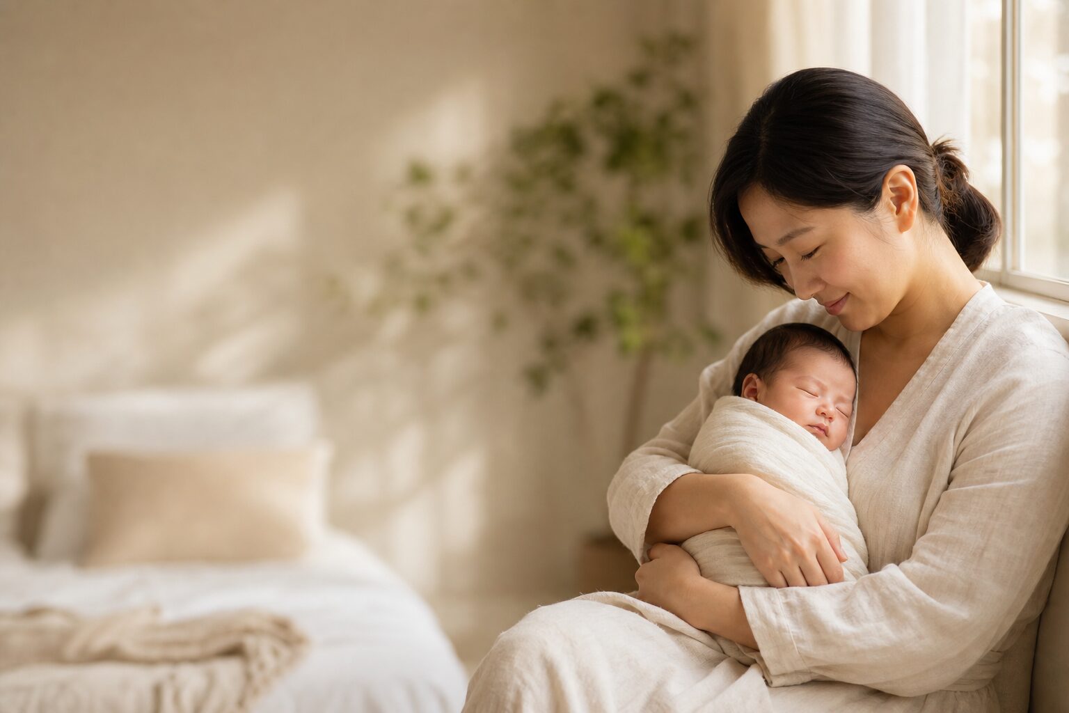 A mother cradling her newborn in soft morning light