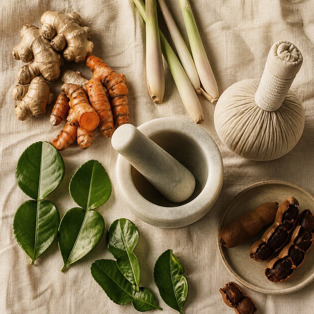 Fresh turmeric, ginger, lemongrass and a stone mortar and pestle