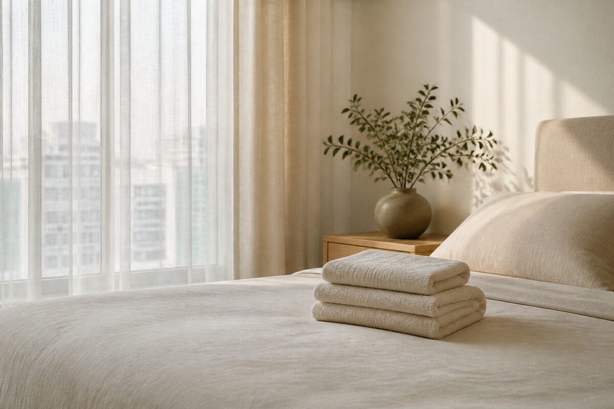 A calm, bright Singapore bedroom prepared for a home visit