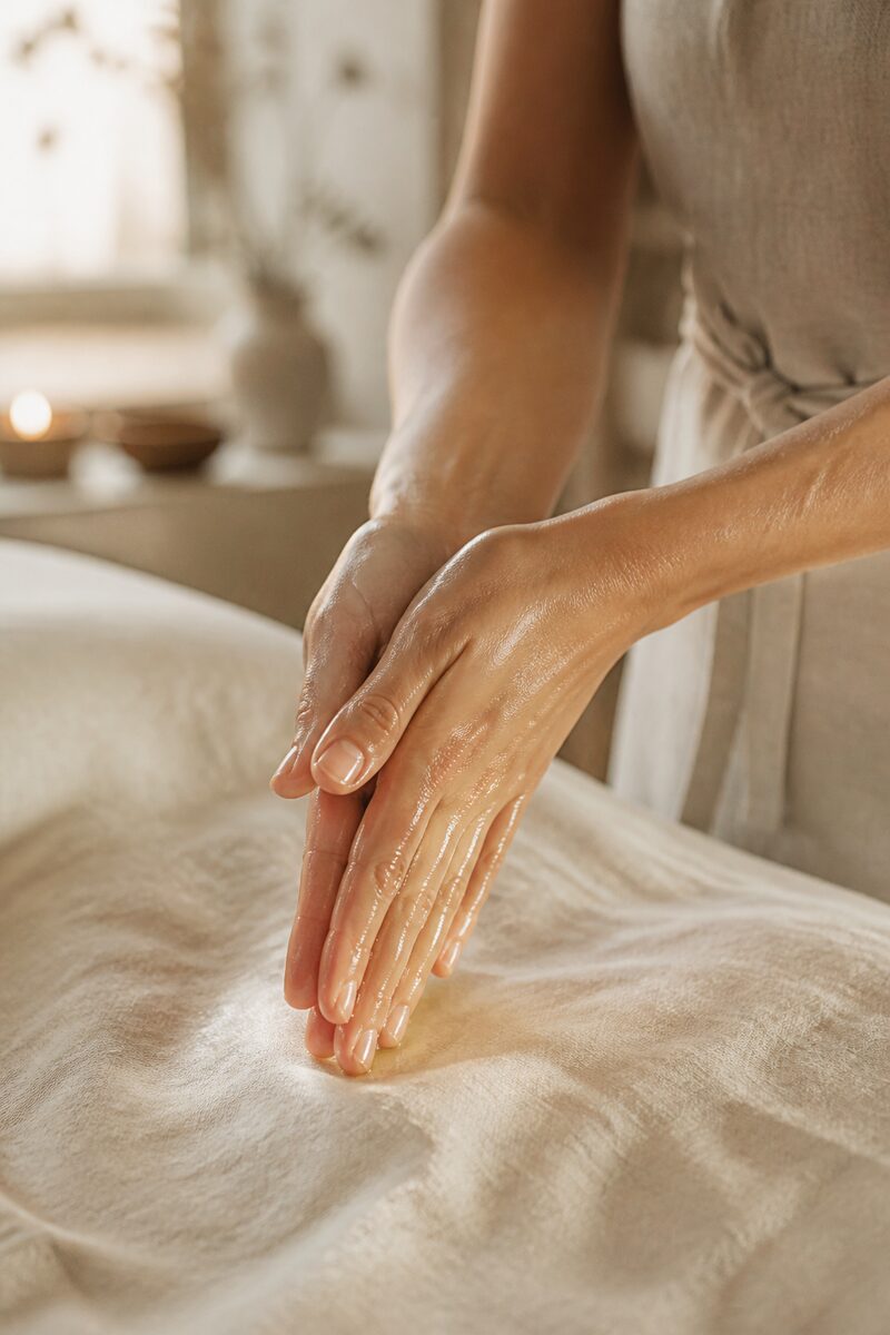 Warm herbal oil being warmed between a therapist's hands