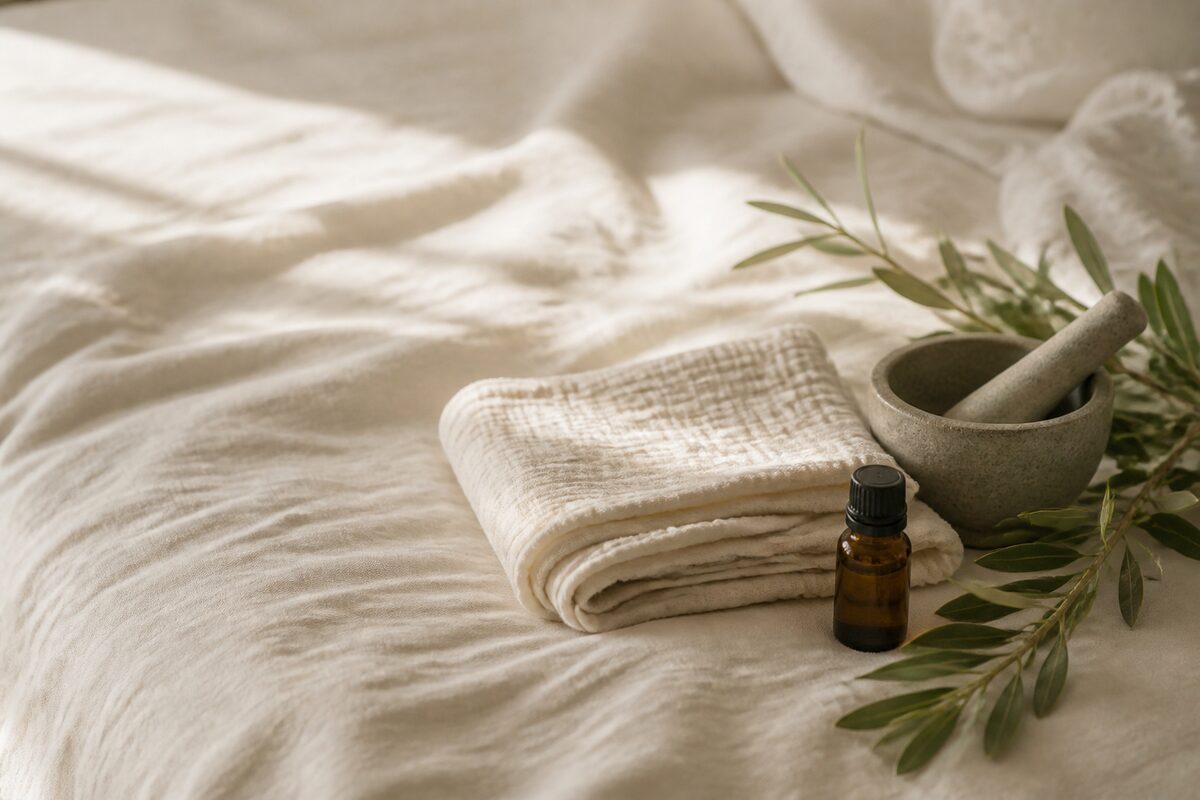 A muslin swaddle, an oil bottle and green sprigs on cream bed linen