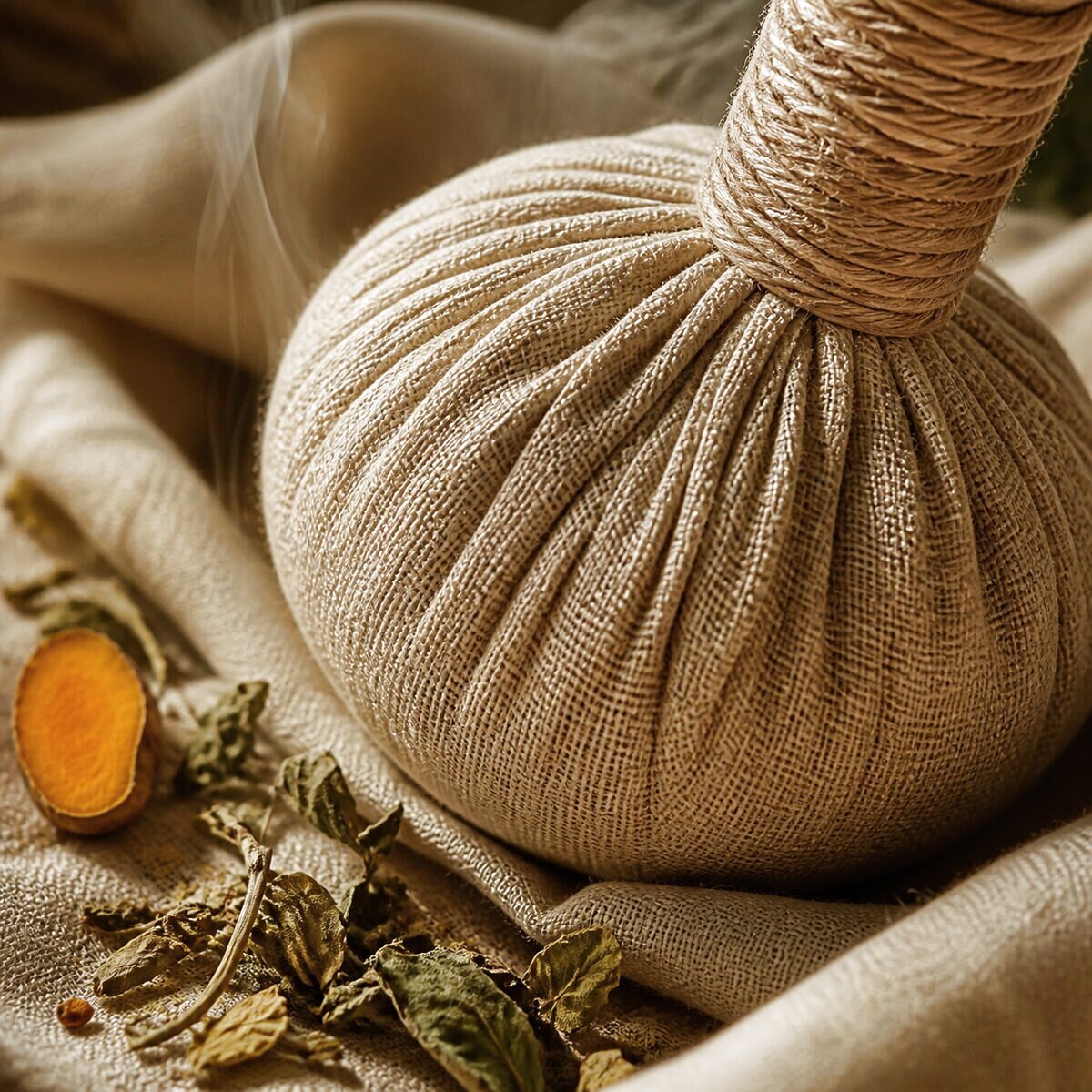 A warm woven herbal compress ball resting on muslin cloth